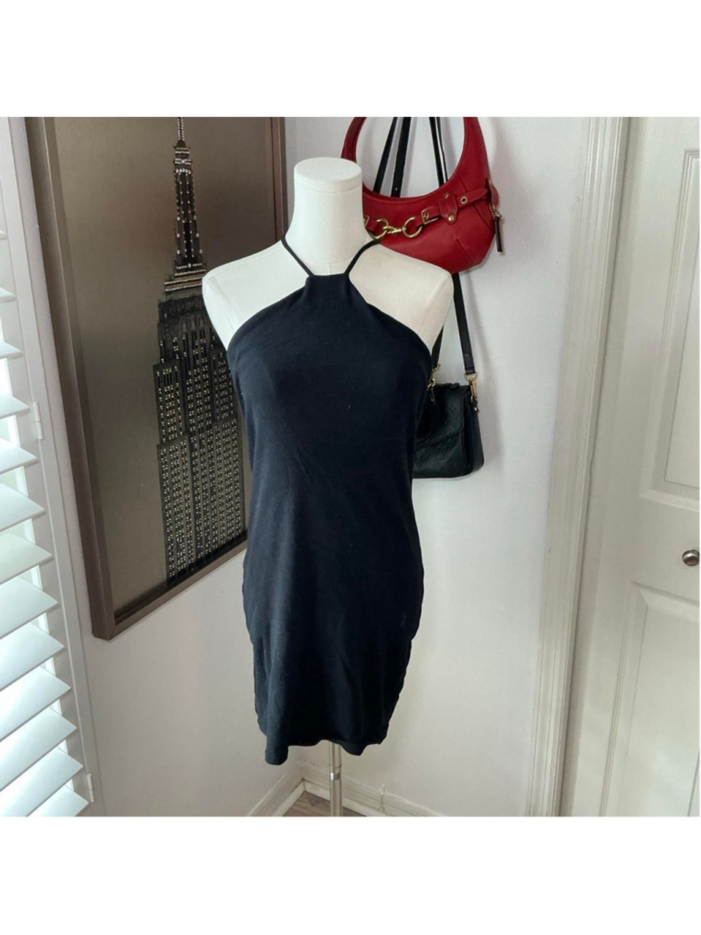 Black Halter Neck Mini Dress Size Large Minimalist Y2K